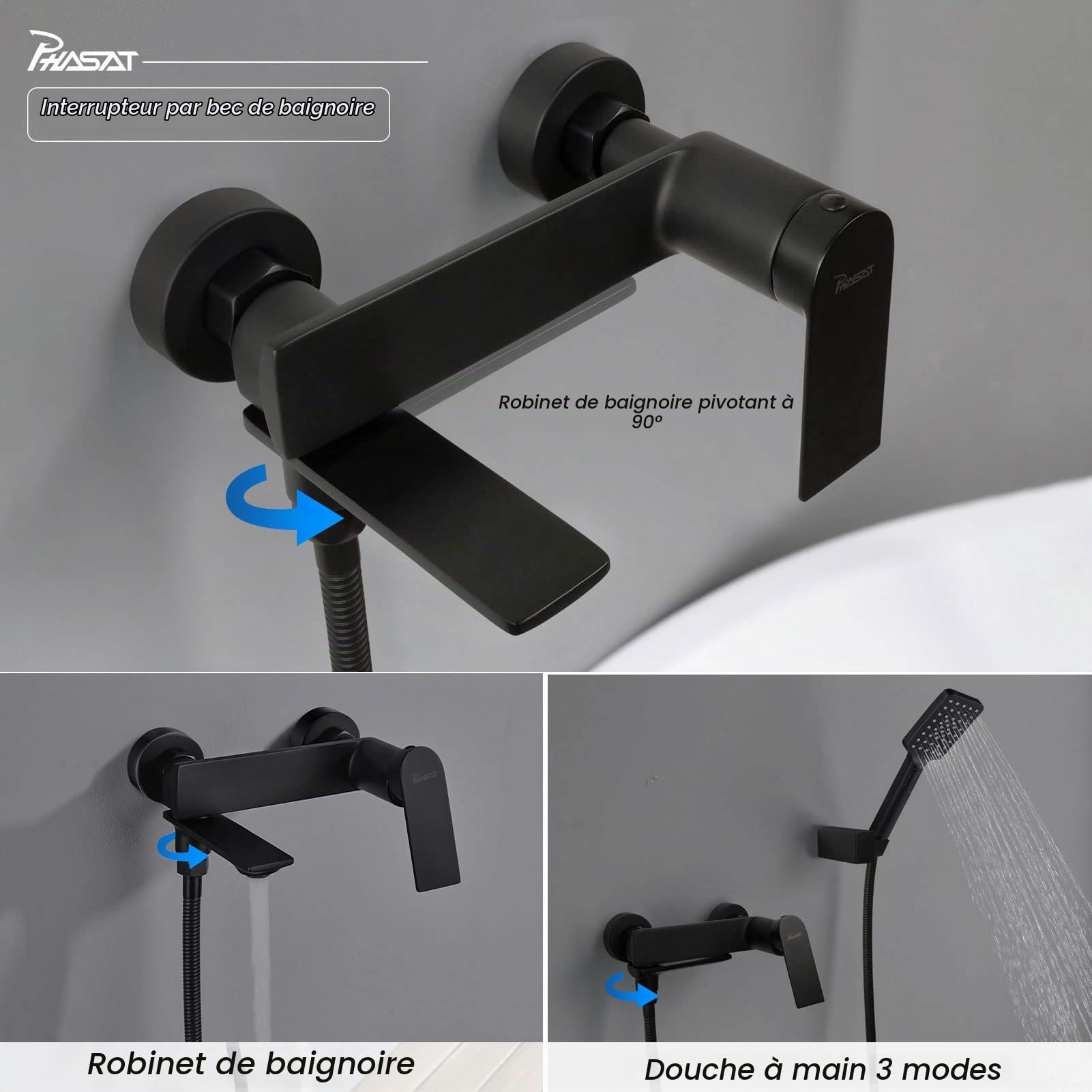 PHASAT Robinet de Baignoire Noir, Robinet de Baignoire Mural avec, Douche à Main Mitigeur pour, Salle de Bains en Laiton PTBB03