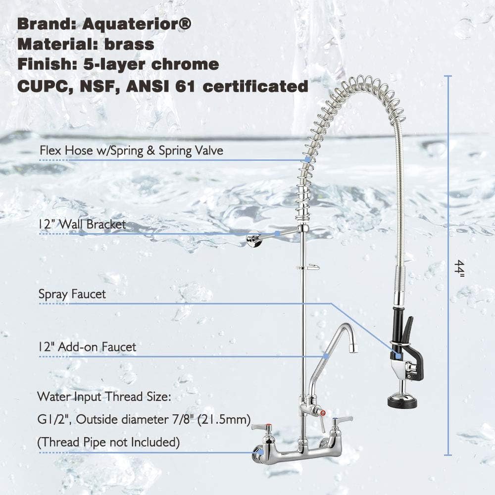 80% оƒƒ Dіѕсоunt Aquaterior 8 Inch Center 44 Height Wall Mount Commercial Kitchen Pre Rinse Faucet Restaurant Sink Sprayer Faucets with 12 Add-on Riser Spout CUPC NSF CEC