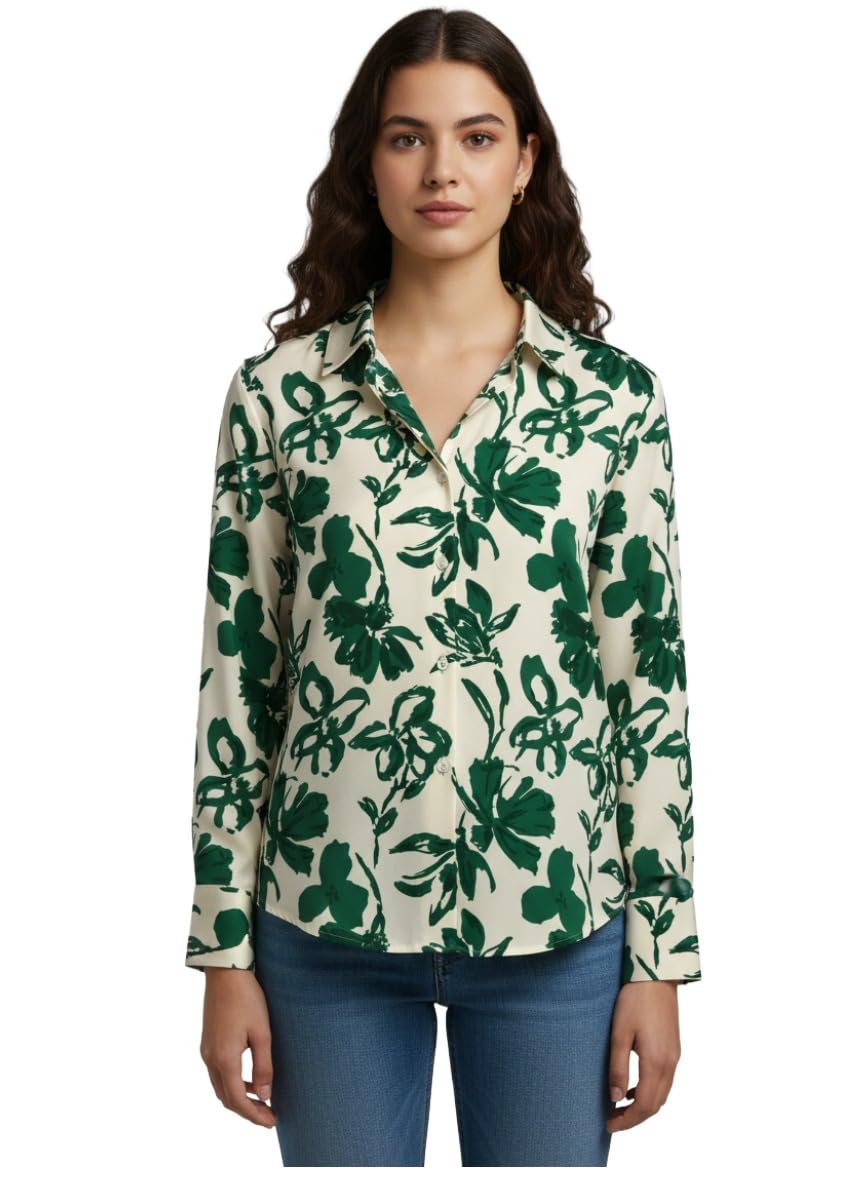 ANNI Designer Bedrucktes Damenhemd aus Baumwollmischgewebe, langärmelig, normale Passform, Hemdkragen, legere Bürokleidung, elegante Western-Kleidung für den Alltag, Hochzeit, Party