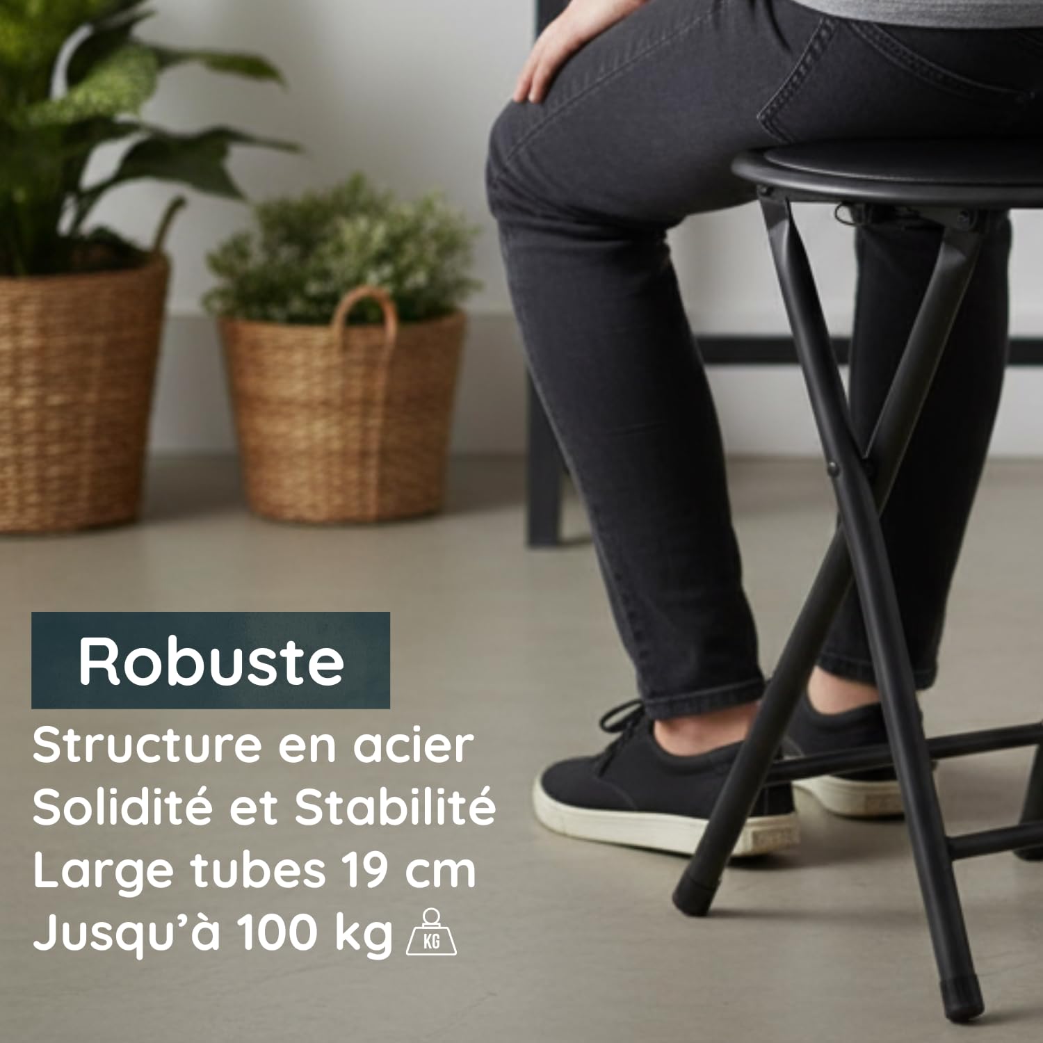 Tabouret Pliant Noir Lot de 2 – Structure Acier Robuste – Verrouillage Sécurisé – Idéal Cuisine Bureau Atelier