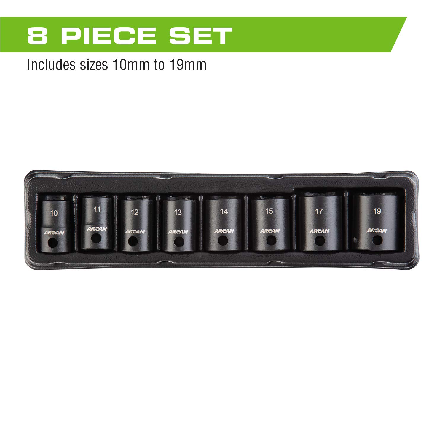 ARCAN TOOLS 3/8 Inch Drive Impact Socket Set, Metric, 10mm - 19mm, Cr-V, 8-Piece (AS2388M)