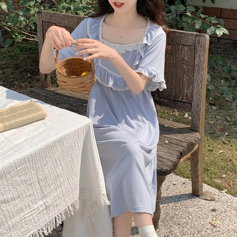 OFFSUM Camisón De Pijama De Mujer - Dulce Verano Encaje Bordado Princesa Ropa De Dormir Estilo Francés Temperamento Albornoz Cuello Cuadrado Color Sólido Ropa De Casa