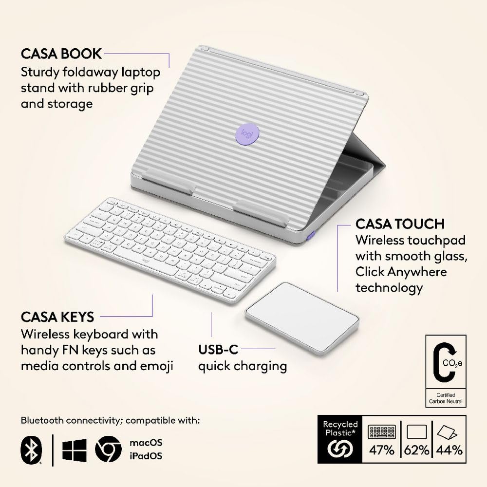 Kit de télétravail Clavier sans fil Azerty Logitech Casa Pop Up Desk Blanc + Support + Pavé tactile