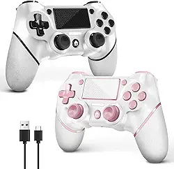 AceGamer Pacote com 2 para controle PS4, controle sem fio para PS4/Pro/Slim/PC, com aderência antiderrapante de ambos os lados, conector de áudio de 3,5 mm e cabo USB-C! (rosa e branco)