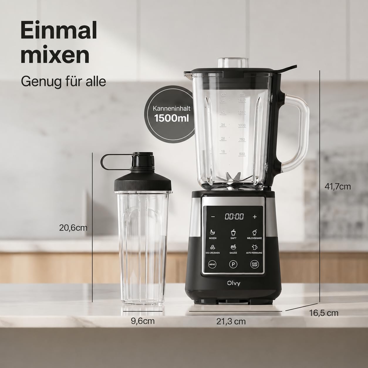Olvy Standmixer Smoothie Maker 1500ml Glas To-Go LED Timer 6 Klingen-Black
