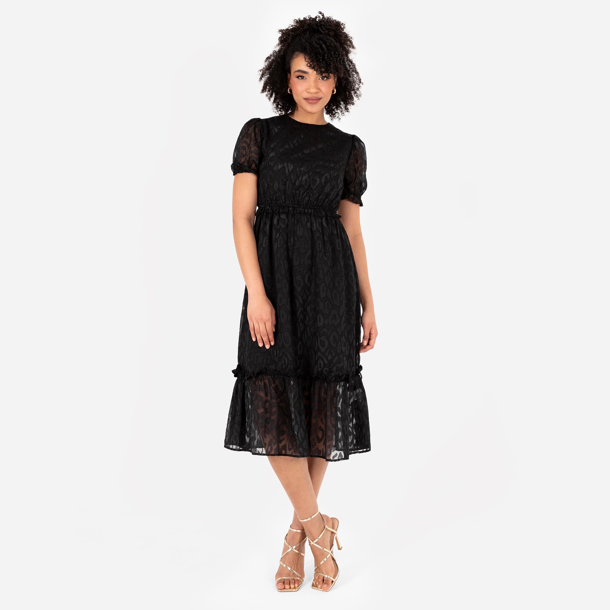 Lovedrobe Damen Women's Ladies Midi Dress Round Neckline Short Puff Sleeve Tiered Hem Ruffle Animal Print A-line Casual Occasion Dress (1er Pack)