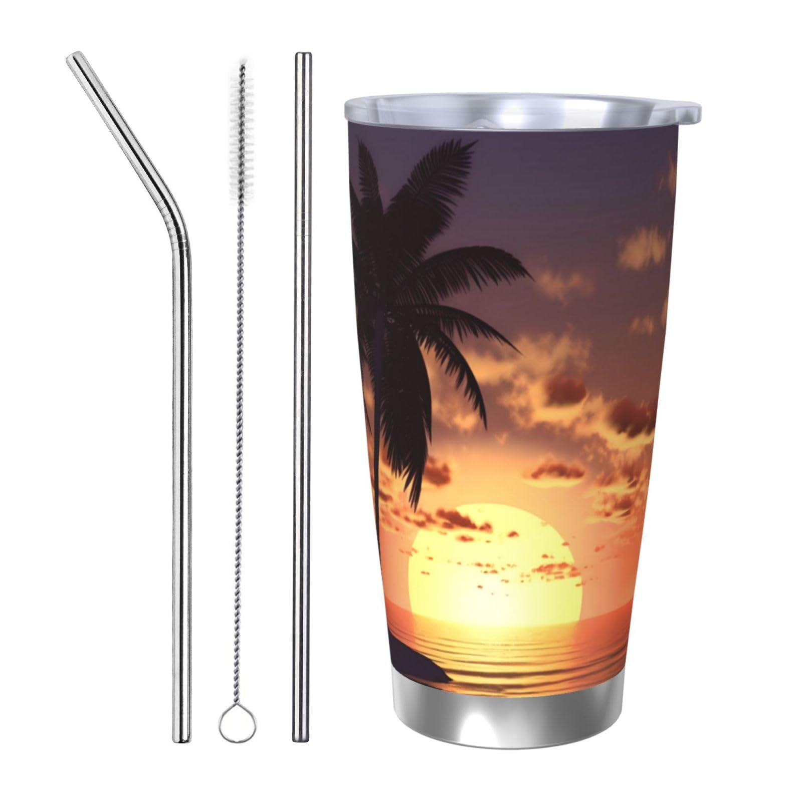 Tasse à café de voyage pour bureau motif plage et océan | Kit de 3 gobelets avec paille 590 ml