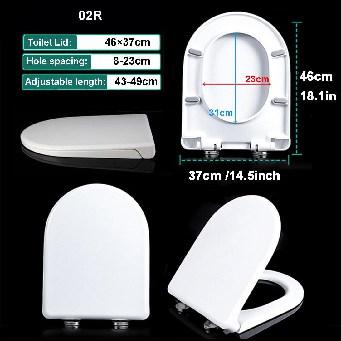 Soft Close D-Shape Toilet Seat with Quick Release, Easy Installation, Adjustable Hinges, 37 * 46Cm