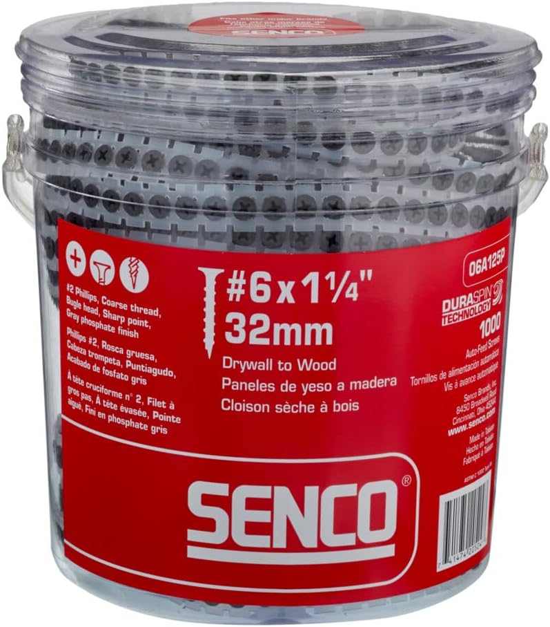 SENCO 06A125P DuraSpin #6 x 1-1/4" Collated Drywall to Wood Screws, 1000 Ct Tub - Corrosion-Resistant Auto-Feed