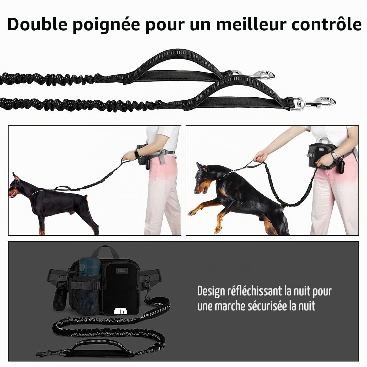 ETACCU Laisse Canicross Chien, Ceinture Canicross Chien avec Téléphone Portable, Porte-Bouteille d'eau, Anti-tirons, réfléchissant, Idéal pour Course à Pied, Jogging et Marche, 123-180 cm
