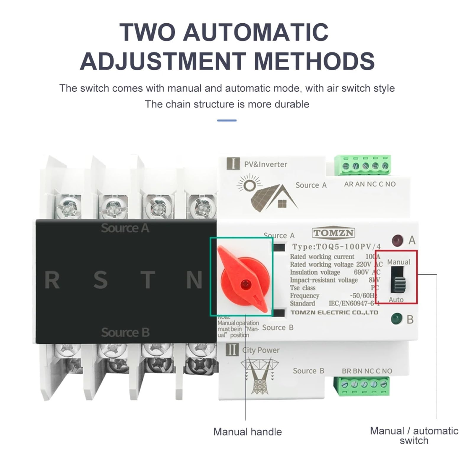 ATS su guida Din 4P trifase 4 fili for fotovoltaico e inverter Selettori di trasferimento automatico a doppia alimentazione Ininterrotto 63A 100A 125A(125A)
