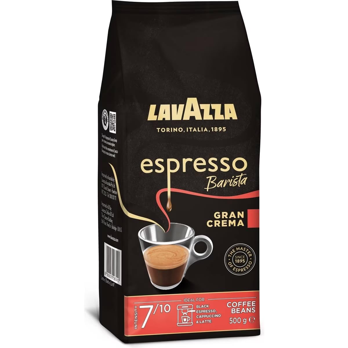 Lavazza, Espresso Barista Gran Crema, Drum Roasted Coffee Beans, Ideal for Espresso Coffee Machines, Aromatic Notes of Dried Fruit and Flowers, Arabica and Robusta, Intensity 7/10, Light Roast, 500 g