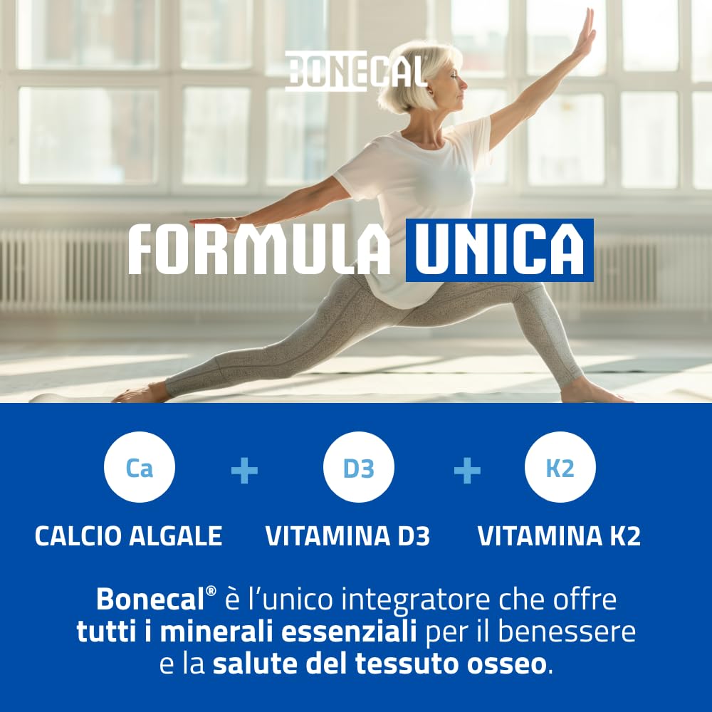 Integratore di Calcio Algale 100% vegetale Aquamin®, Vitam. K2, D3 (1000 UI), Salute delle ossa-denti-muscoli, No glutine, Pharmanutra BONECAL 20BUST OFFERTA TRE CONFEZIONI