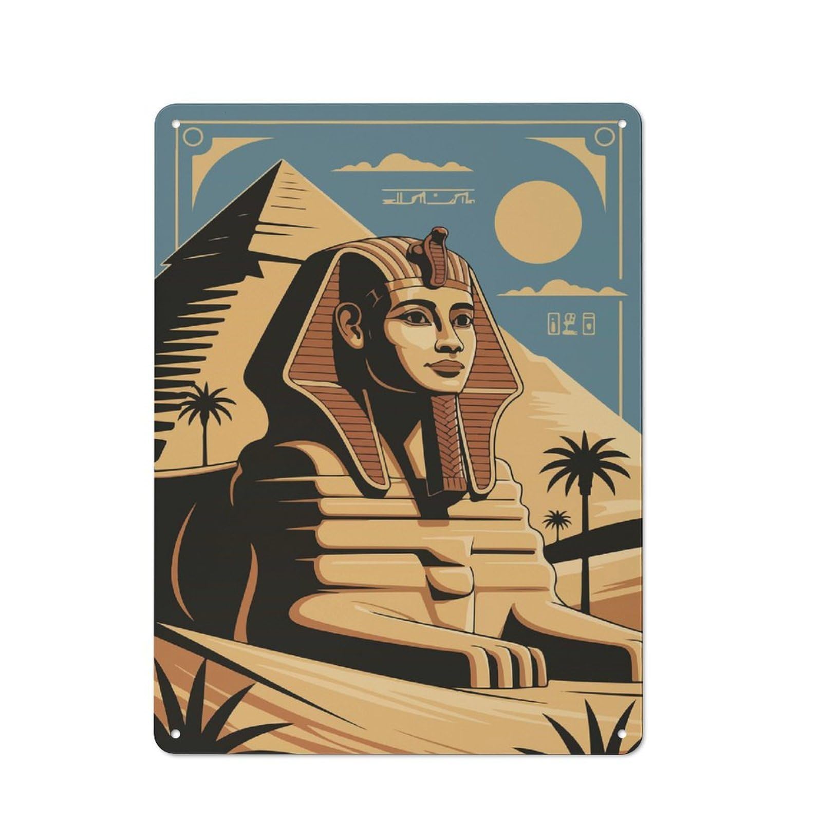 Junmoney Egyptian Sphinx And Pyramid Illustration Retro-Style Tin Sign 40X30cm For Café Or Home Bar, For Vintage Wall Decor Fans, For Home Office And Studio Walls