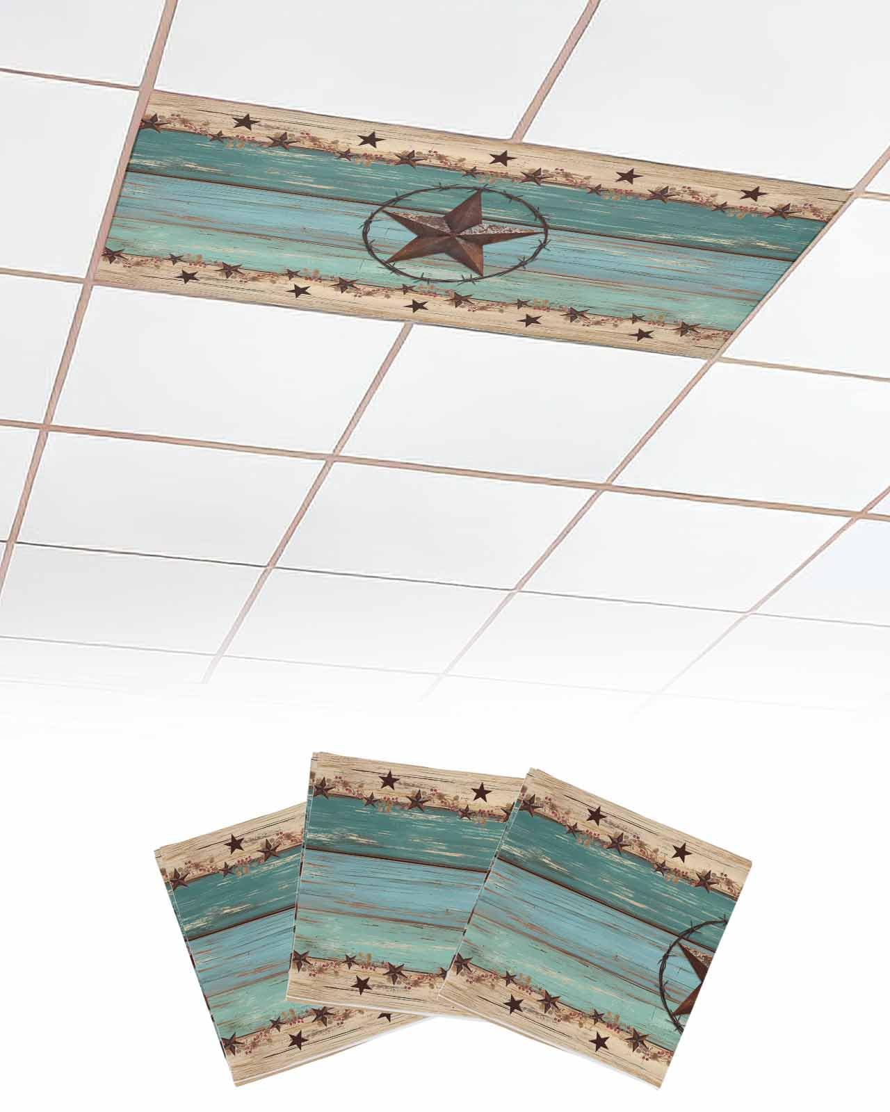 Vintage 3 Pcs Fluorescent Light Covers for Ceiling Lights, Gradient Turquoise Wood Plank Magnetic Light Filters for Eliminate Harsh Glare Classroom Office Decoration, 4 x 2 Ft