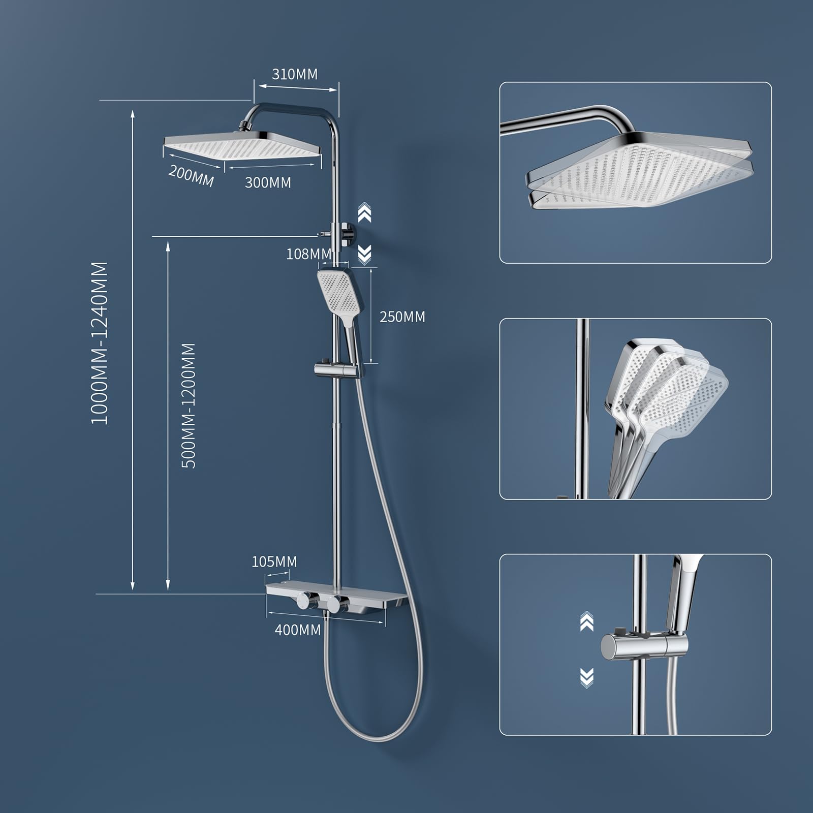 HOMELODY Duschsystem mit Thermostat und Glasablage Chrom - Duscharmatur Komplettset mit 30cm, Handbrause 3 Strahlarten und Unterer Auslauf - Duschset Regendusche mit Armatur