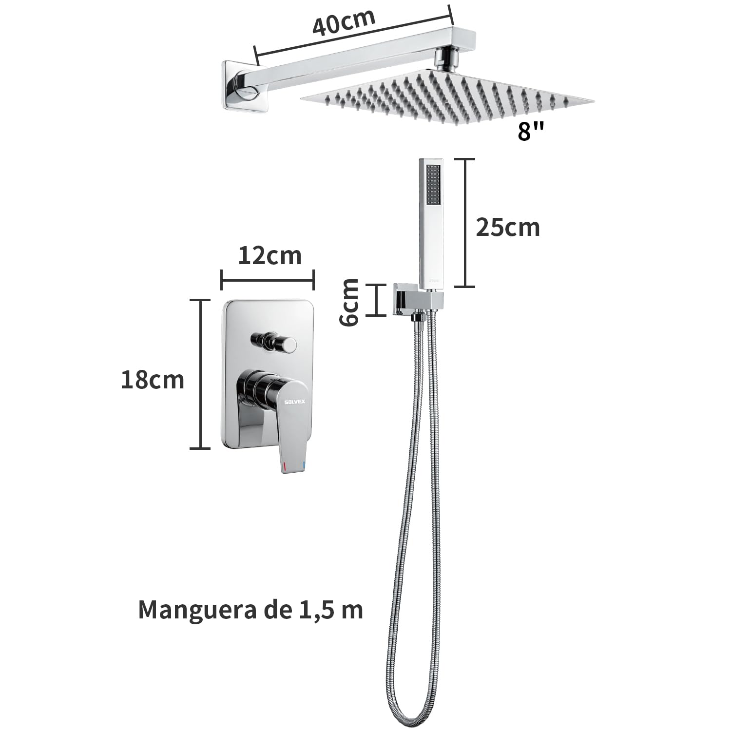 SOLVEX Set De Ducha Sistema de Ducha Empotrado,Set Ducha Conjunto de Ducha Completo con Mezclador Ducha de Lluvia y Ducha,Alcachofa de Ducha 20cmx20 cm,Cuerpo de Latón,SP-90110