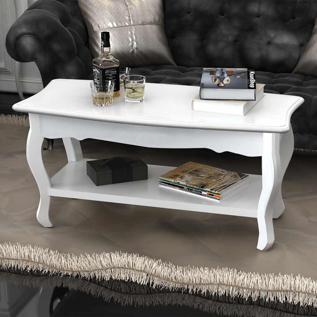Mesa de centro blanca con estante, 87,5 x 42 x 44 cm, de MDF y pino macizo, diseño moderno, estilo provincial francés, construcción robusta y espacio de almacenamiento para salón, dormitorio