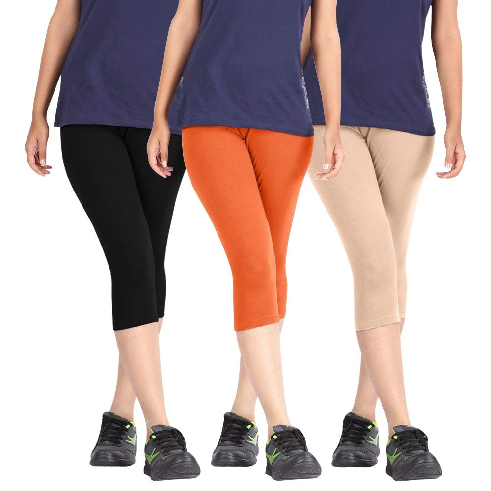 pixie fashion Biowashed Cotton Stretchable Capri Legging Combo Pack of 3 for Women/Girls/Ladies (Black, Orange and Beige) - Free Size-picture-40