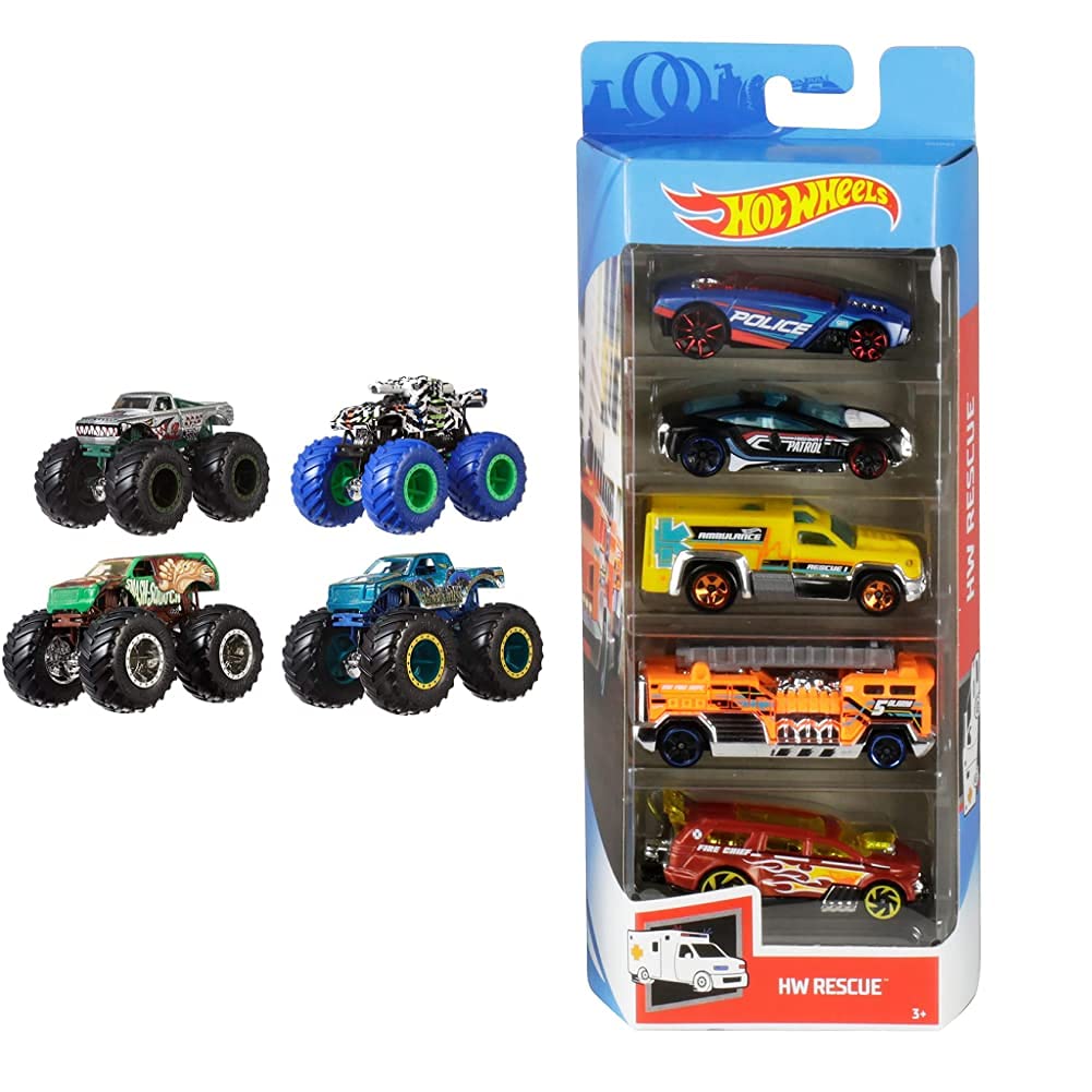 Hot Wheels Monster Trucks 1:64 4-Pack AST Vehicles & 5 Car Gift Pack (Styles May Vary)