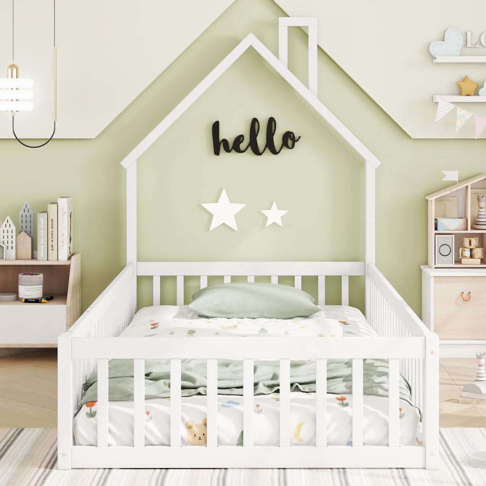 Cama nido para niñas, cama infantil con forma de chimenea, cama con somier (sin colchón), madera de pino, estilo minimalista (blanco, 90 x 200 cm)