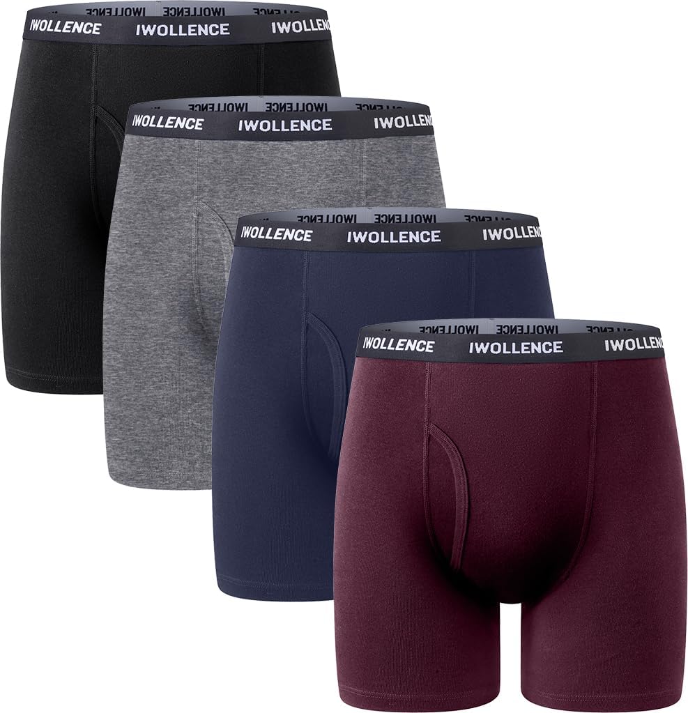 IWOLLENCE Men's Boxer Briefs Breathable Soft Moisture-Wicking Cotton Underwear with Comfort Flex Waistband, Multipack