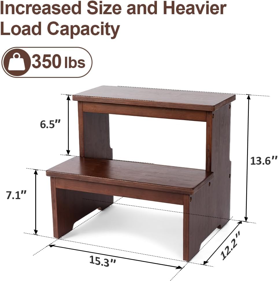 Image of Solid Sheesham Wooden Two Step Stool for Adults and Kids, Bed Stepstool with Anti-Slip Bottom, Heavy Duty for Kitchen, Bathroom, Bedside Step Stool, Wooden Step Stairs 350 lbs Capacity