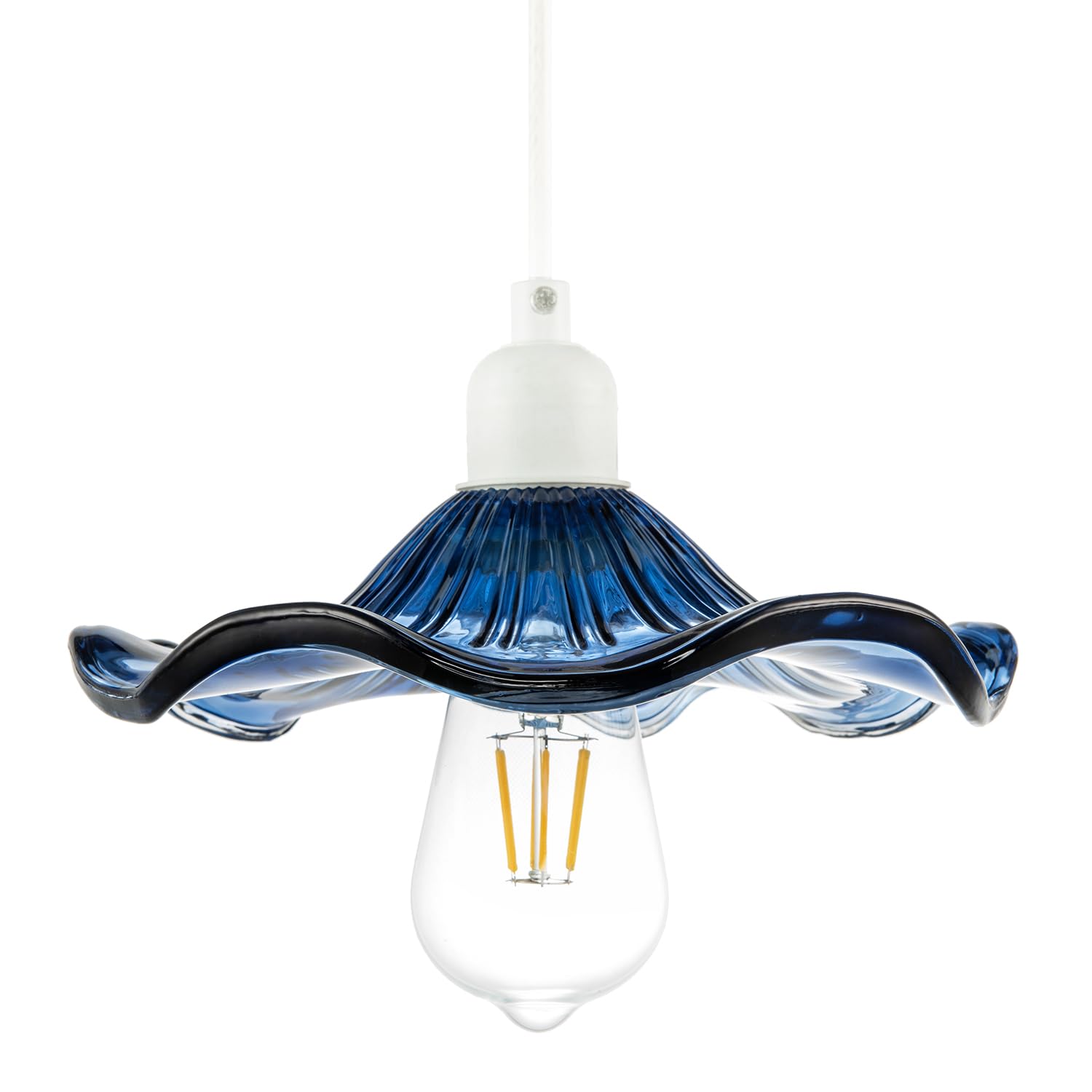 Happy Homewares Midnight Blue Modern Designer Ribbed Glass Pendant Lighting Shade With Wavy Ruffled Edge | 6Cm X 23Cm | Chic Curving Etched Lines By