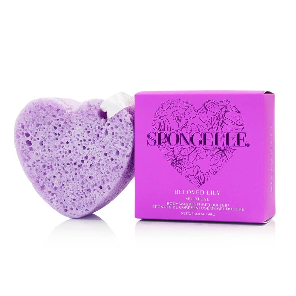 SPONGELLÉ Lily Heart Buffer – Exfoliating Sponge & Body Wash Infused with Lily Fragrance – Ideal for Valentine's & Mother's Day Gifts