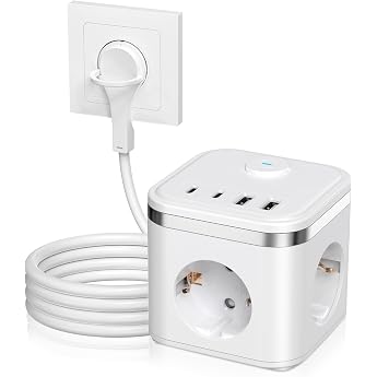 Socket Cube with USB 3-Way Multiple Socket with Switch Power Strip with 2 USB A + 2 USB C 7-in-1 Socket Distributor with 2 m Cable Flat Plug Multiple Socket for Office Travel White