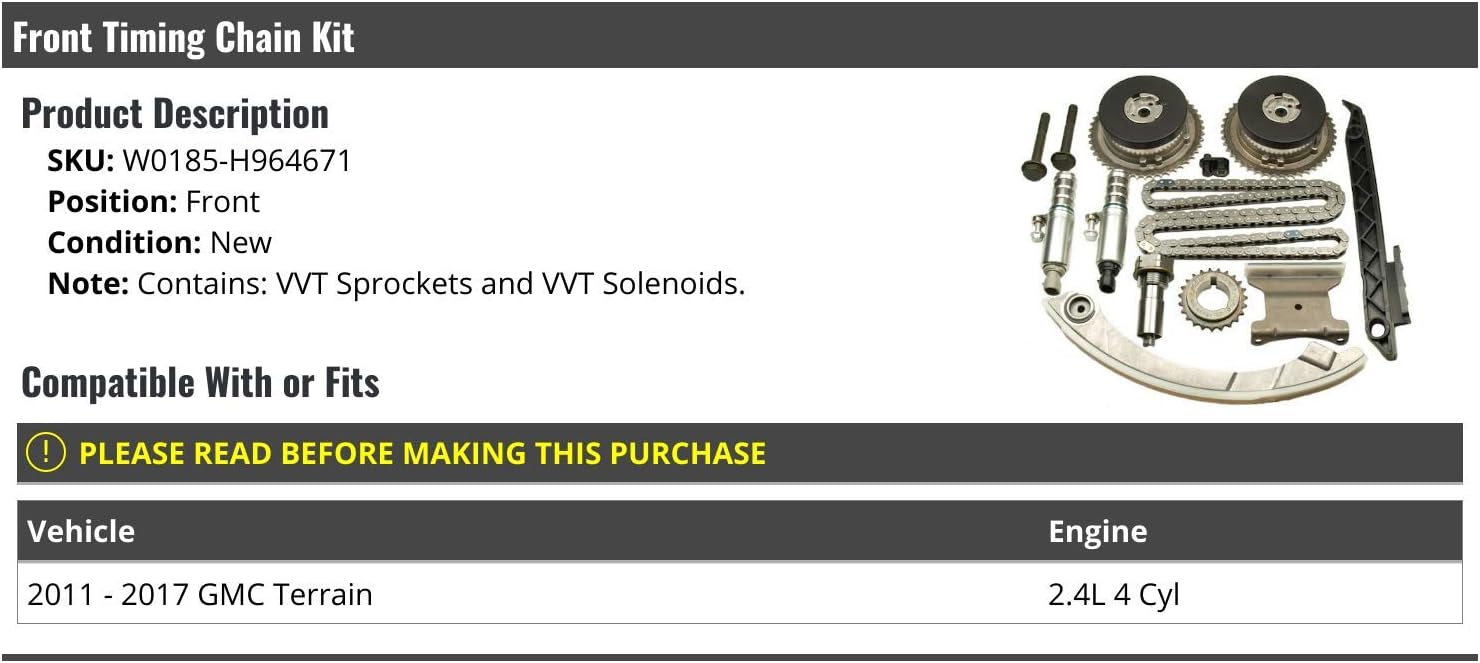 Marketplace Auto Parts Front Timing Chain Kit with VVT Variable Valve Sprockets and Solenoids - Compatible 2011-2017 GMC Terrain 2.4L 4-Cylinder