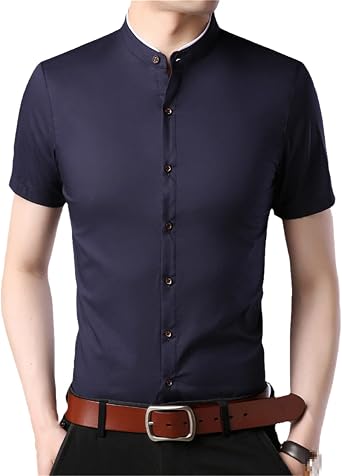 UIOKLMJH Men Summer Cotton Short Sleeve Shirt Men Mandarin Collar Business Casual Shirts