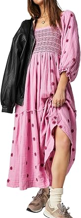 Women Bohemian Floral Flowy Maxi Dress Square Neck Ruffle Swing A Line Maxi Dress Long Sleeve Smocked Dress with Pockets
