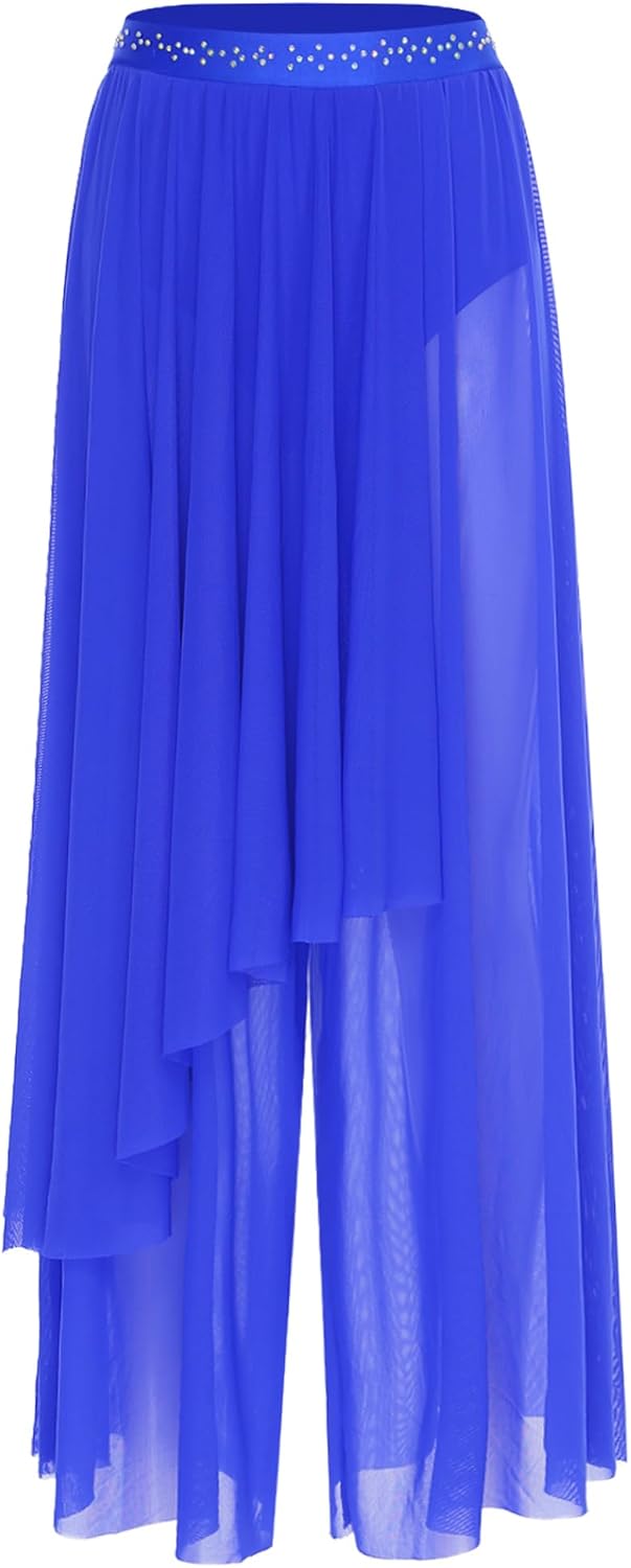Women Modern Lyrical Dance Costume Gymnastic Dancewear Rhinestone Crop Tops And Flowy Pants Royal Blue XX-Large