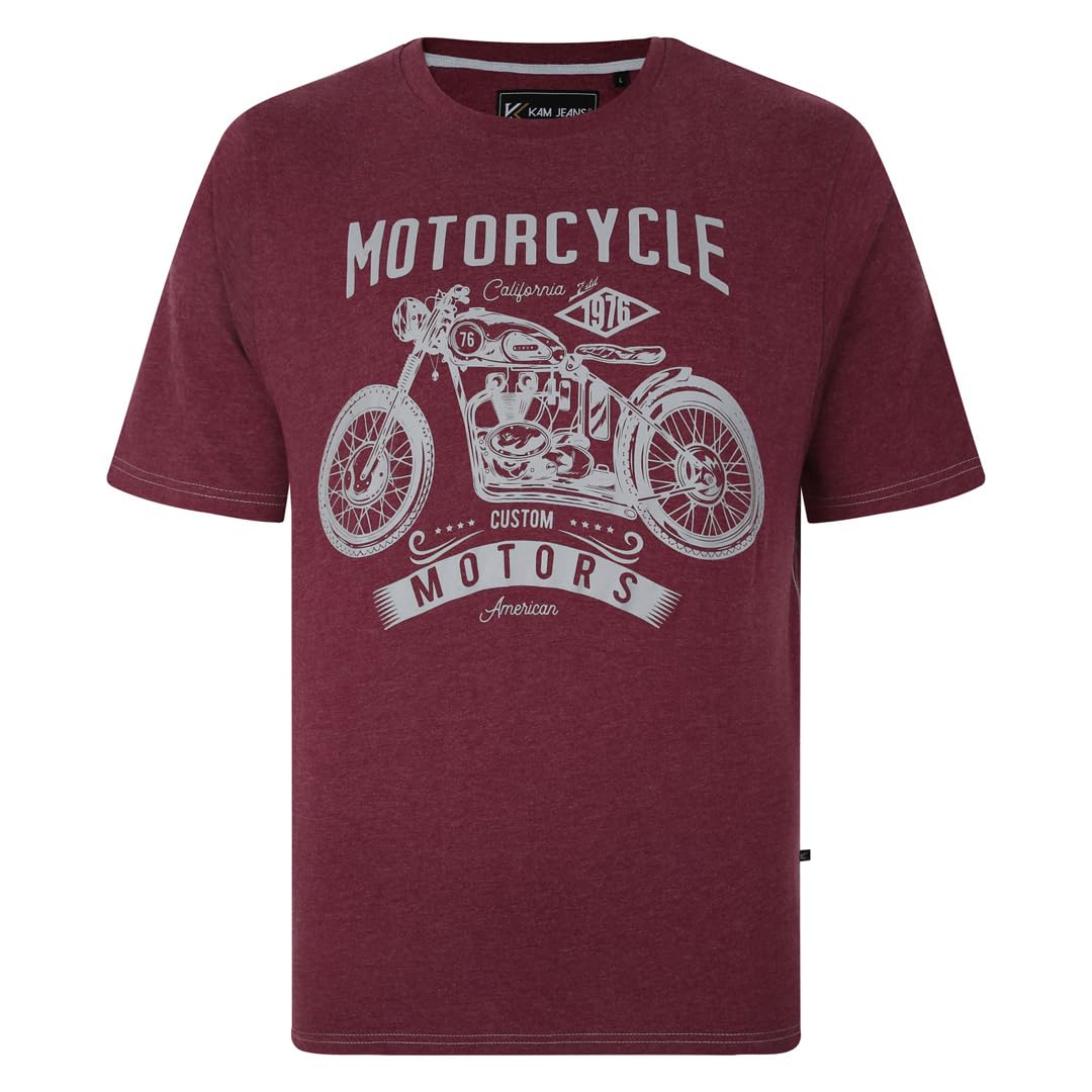 Kam Men's Burgundy Marl Motorcycle T-Shirt Graphic Print Short Sleeve Crew Neck Casual Plus Size 2XL-8Xl 5730 (Uk, Alpha, Xxl, Plus, Regular, )