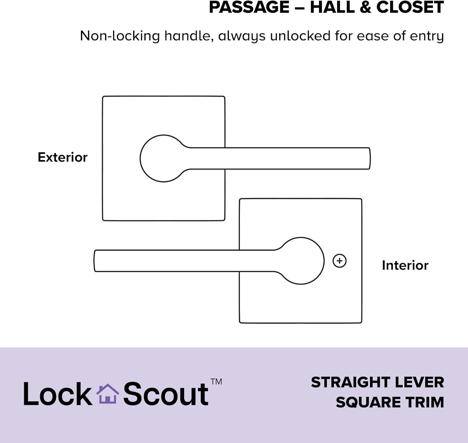 Lock Scout Straight Lever with Square Trim Hall and Closet Door Handle, Matte Black Finish, 4 Pack - Image 2