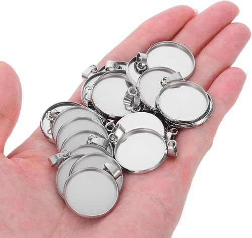 Miniatura 6 de Juego de 20 bandejas colgantes de acero inoxidable, cabujones redondos, biseles, base en blanco, para fotos, collares, pulseras, joyería (plata,