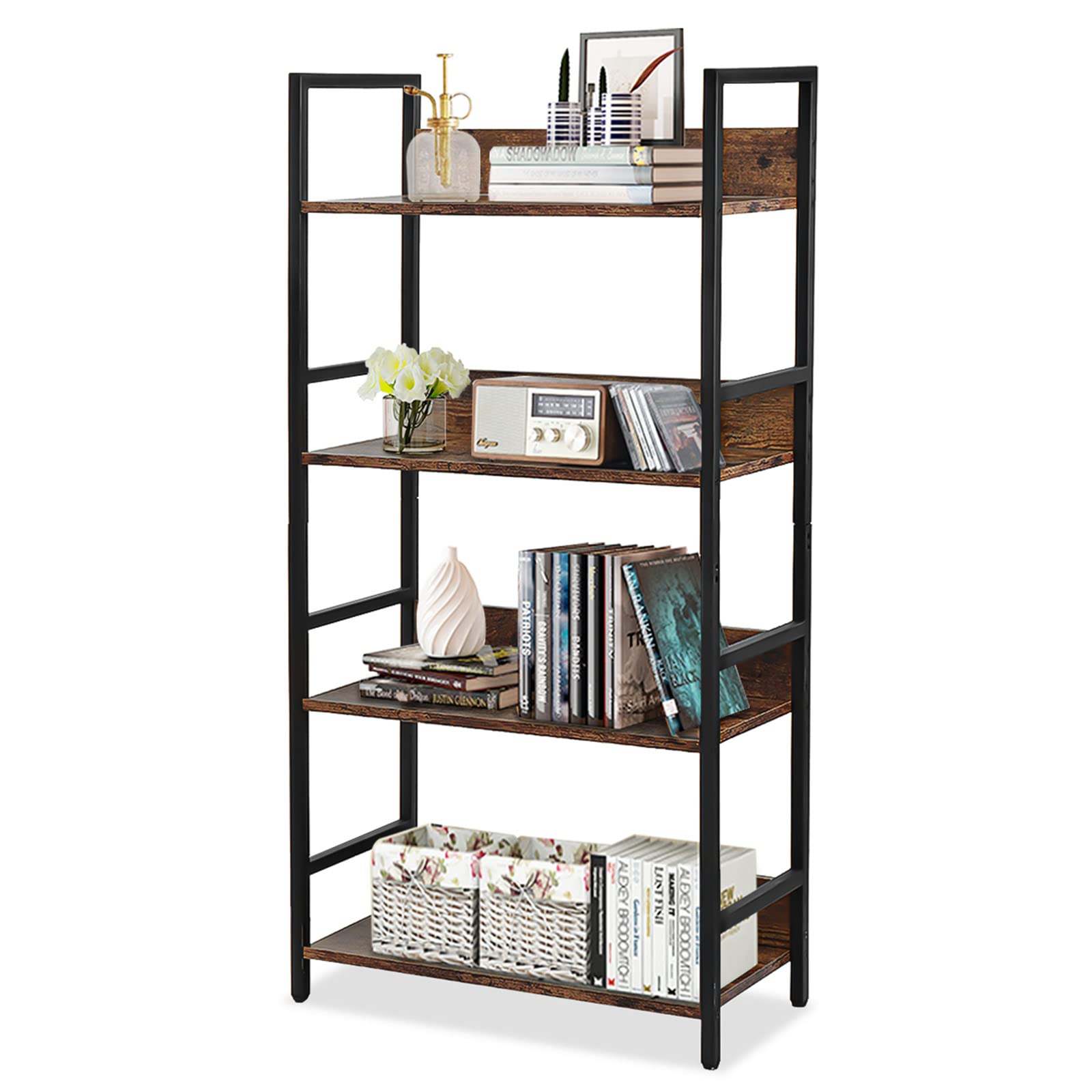 VANSPACEBookshelf 4 Tier Industrial Bookcase Rustic Wood and Metal Standing Bookshelf with Back Panel Book Shelf for Bedroom, Home Office Storage Rack Shelf, Rustic Brown