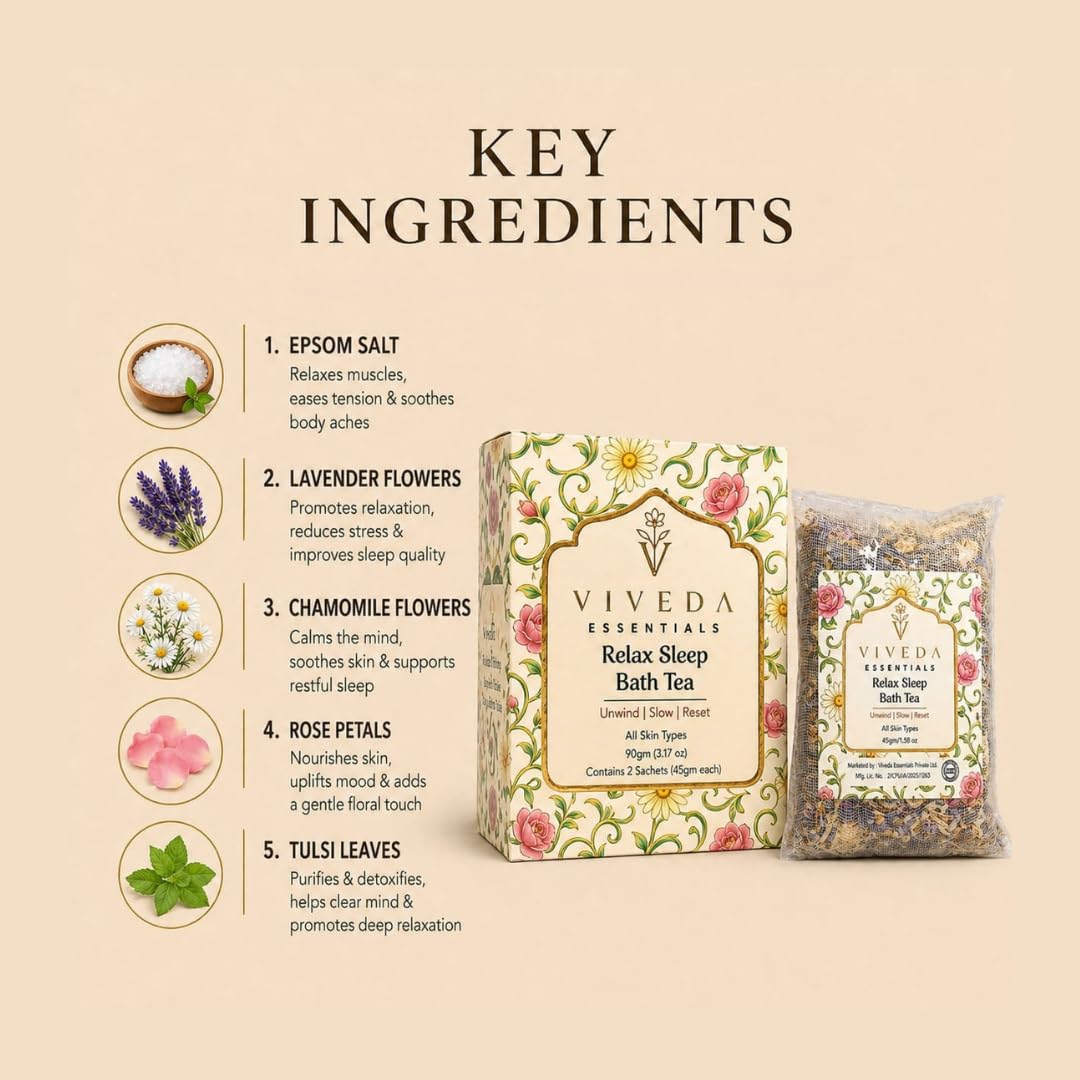 Viveda Essentials | Viveda Essentials Relax & Sleep Bath Tea | Organic Herbal Bath Soak for Deep Relaxation & Stress Relief | Calming Aromatherapy with Rose, Vetiver & Basil | Sleep Support Bath Soak | 90g 3