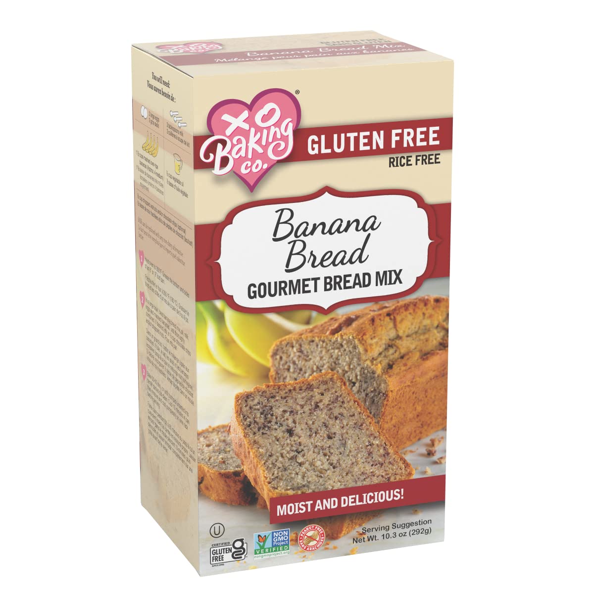 XO Baking Co. Gluten Free Gourmet Banana Bread Mix; Non-GMO; Kosher; Rice Free; Dairy Free; Peanut Free; Soy Free, No Preservatives; No Artificial Flavors or Colors, 10.3oz