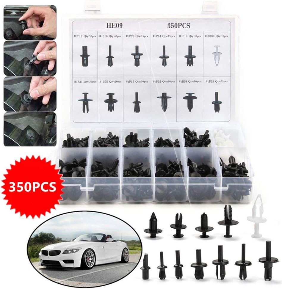 350Pcs x 12 Size Car Retainer Clips Plastic Fasteners Kit Auto Rivets Push Pin Car Body Fastener Trim Moulding Clip Assort Black Nylon Clips
