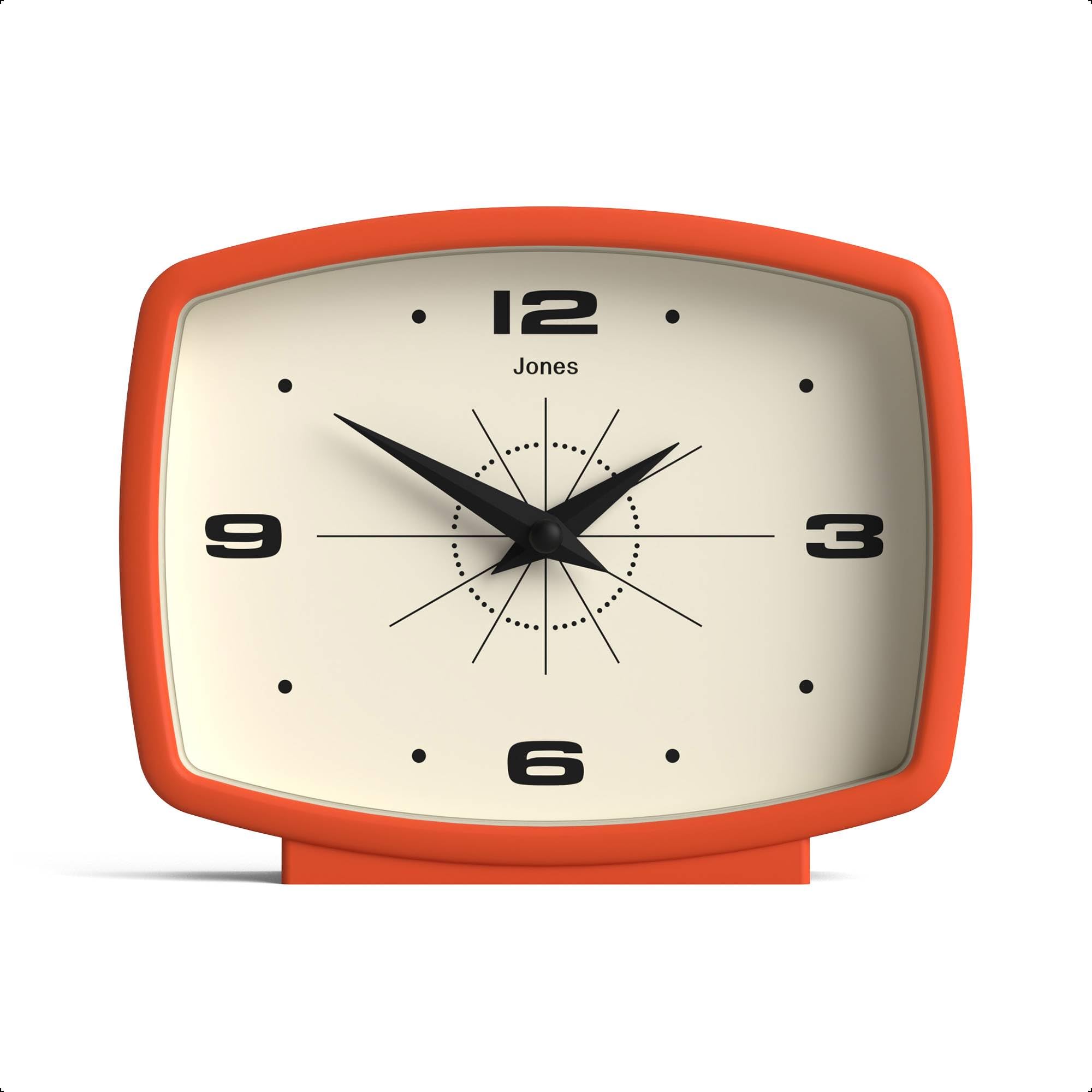 JONES CLOCKS® Film Schreibtischuhr | Retro-rechteckiges Design | Orange | Retro-Design, das mid-Century-Stil mit einem markanten modernen Finish für Regal, Tisch, kaminsims oder Bett verbindet