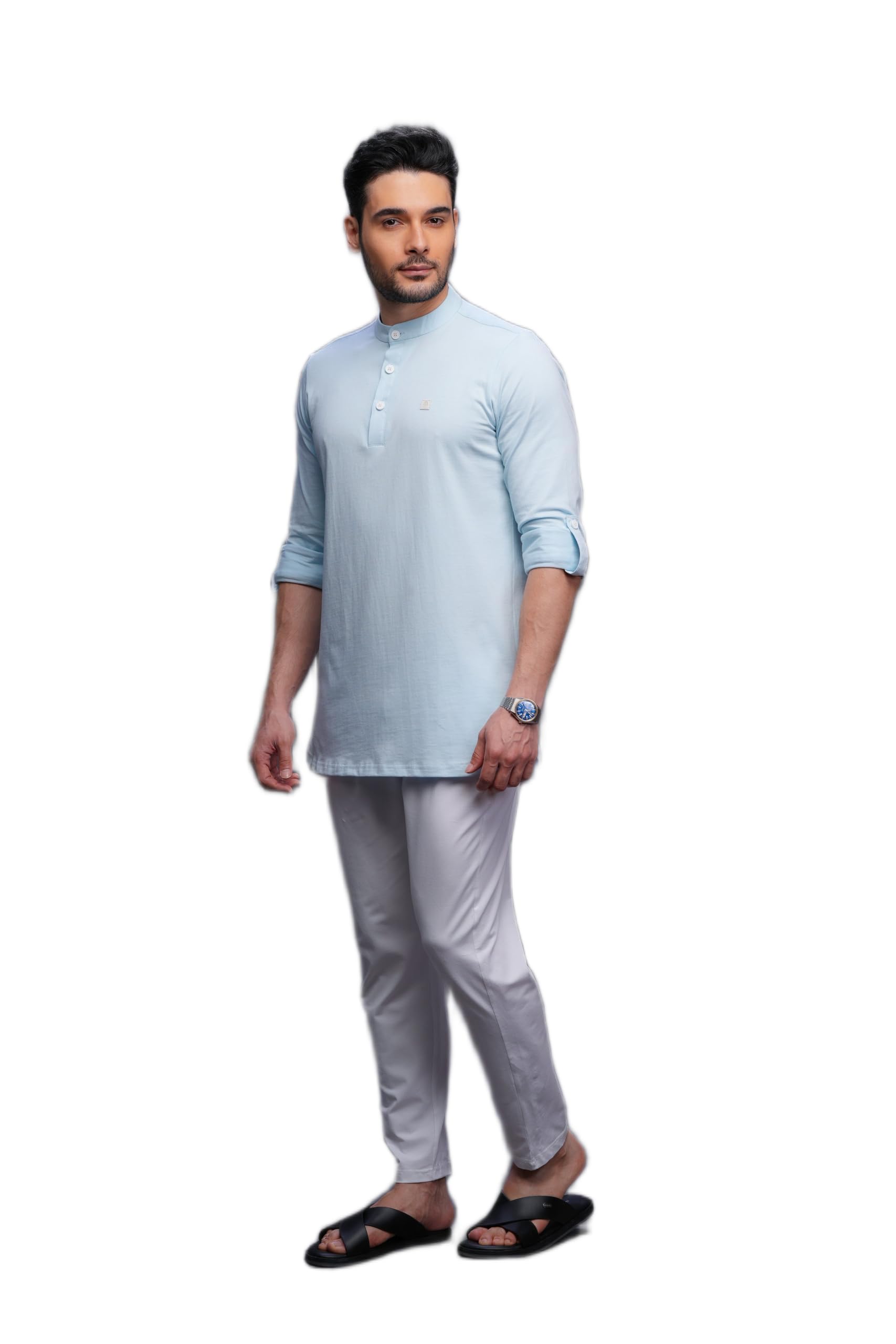 mashroo Men Kurta Pajama Set Sky Blue S Cotton Elastic Knitted with Elastic Pant Casual Wear Band Collar-picture-45