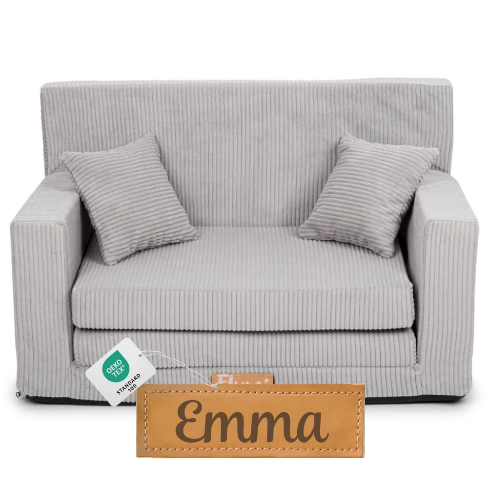 Flumi Personnalisé Canapé Enfant Convertible 3in1 Lit d Appoint Enfant - Mini Canapé avec nom de l'enfant - Mousse Chauffeuse Enfant avec Fonction Lit - Farbe: (côtelé Gris)