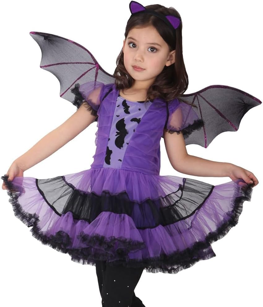 EOZY Girls Bat Vampire Costume Kids Halloween Clothes Animal Cosplay Purple Dress