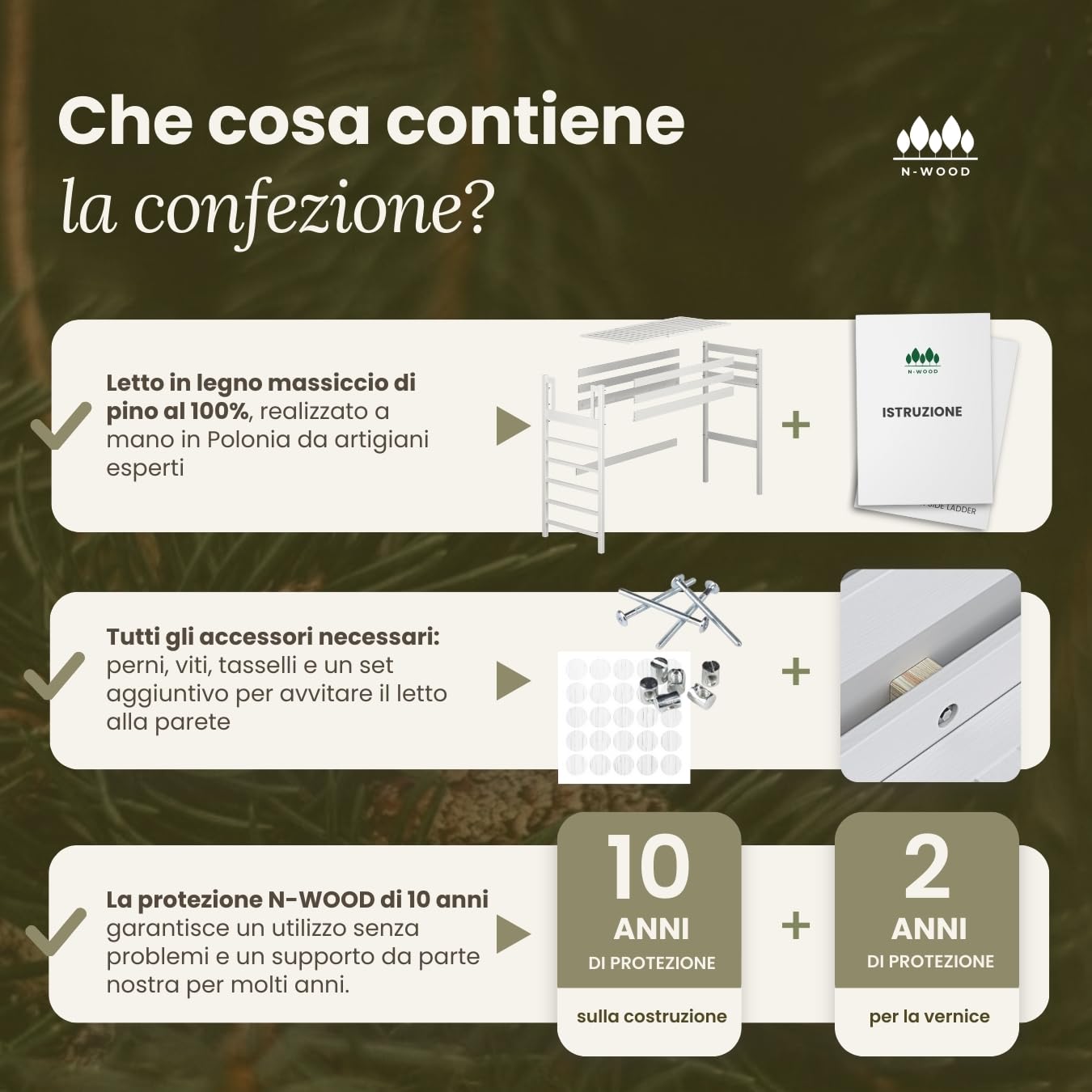 N01 Letto a Soppalco 90x180 cm, 100% Legno massello, Lettino per bambini e adulti, Scala universale: destra o sinistra, Struttura inclusa, Nessuna vite sporgente, Bianco