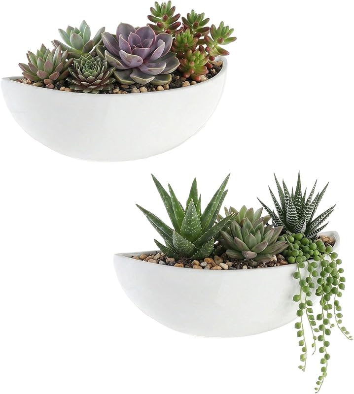 MyGift Juego de 2 maceteros colgantes de cerámica blanca con medio cuenco | Forma de medio cuenco, exhibición que ahorra espacio, decoración de pared sencilla, escaparate de plantas, acento contemporáneo, estilo de hogar versátil