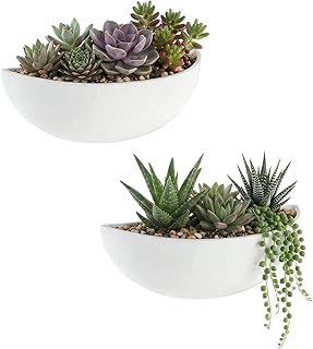 MyGift White Ceramic Wall Planters for Indoor Plants, Half Bowl Hanging ...