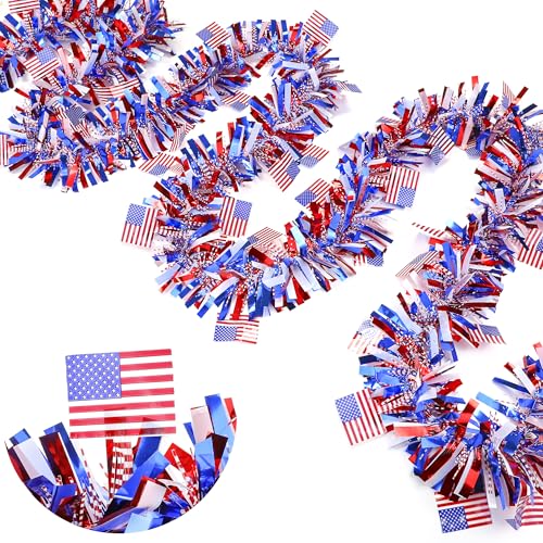 50FT 4th of July Decorations Patriotic Garland, American Flags Glitter Tinsel Garlands for Home Mantle, Red White and Blue Garland Memorial Day Independence Day Decoration