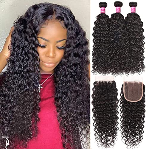 10A Brazilian Human Hair Water Wave Bundles with Closure Unprocessed Virgin Human Hair Extensions Wet and Wavy Hair 3 Bundles with 4x4 Lace Closure Deep Curly Wave Bundles Human Hair Can Be Dyed